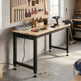 Fantask COSTWAY 122cm schwerlast Werkbank, höhenverstellbarer Arbeitstisch mit Metallrahmen, Lochwand, Steckdose & 2,5cm Massivholzplatte, Werktisch bis 9... - Schwarz/Naturbelassen