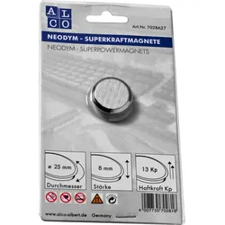 ALCO Superkraftmagnet Neodym Neodym (Nd) 25mm TG 13000 g silber gebürstet Packung mit 250 Stück