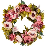 Vevor Künstlicher Dekokranz, 48,26cm, Rosa, dekoriert mit Pfingstrosen, Hortensien, Schleierkraut, Türkranz für alle Jahreszeiten, als Dekoration für Zuhause, Wände, Fenster, Festivals und Hochzeiten
