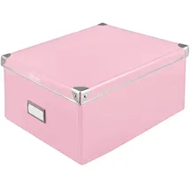 IDENA 11010 - Aufbewahrungsbox aus festem Karton, Deckel mit verstärkten Kanten aus Metall, Allzweck-Box in Pink inklusive Beschriftungsfeld, für Ordnung im Haushalt, Büro und Arbeitszimmer