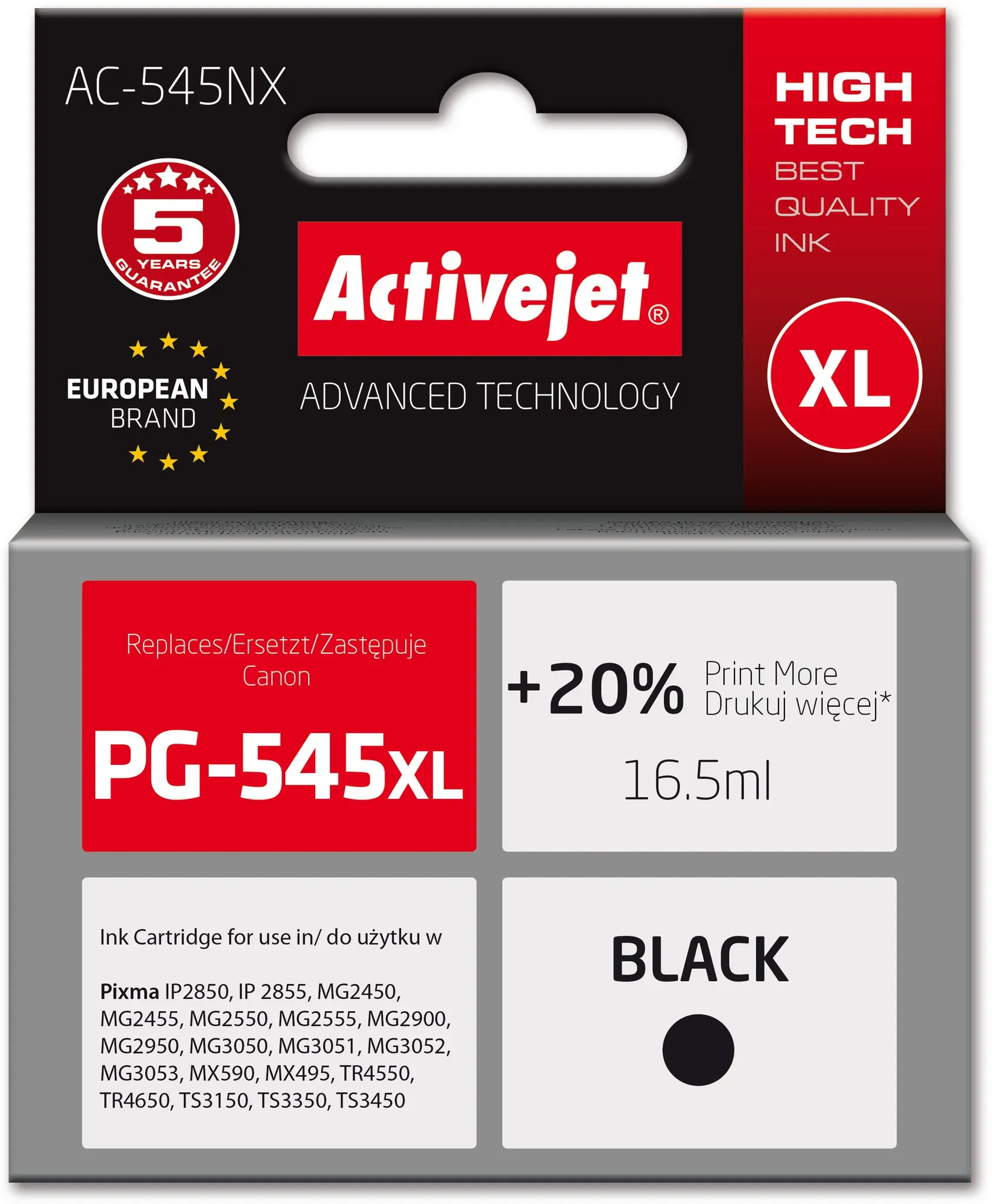 Activejet AC-545NX Druckertinte für Canon, Ersatztinte Canon PG-545XL; Supreme;