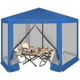 Woltu Pavillon, mit 4 Seitenteilen, 3,8x3,3 m, sechseckig, mit Seitenwänden Moskitonetz, Metall blau