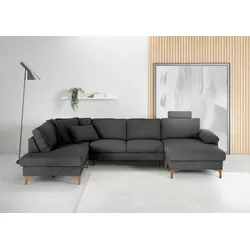 Wohnlandschaft 3C CANDY "Lecce, wahlweise PUR-Schaumstoff oder Tonnentaschenfederkern U-Form", schwarz, B:339cm H:86cm T:220cm, 95% Polyester, 5% Nylon, Sofas, Bettkasten in Umbauecke und Longchair, sowie Querschläfer im 2-Sitzer