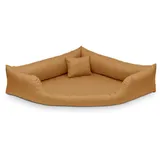 Juelle Hundebett aus Kunstleder Ecksofa Gabi M-XXL für mittlere und große Hunde, Kuscheliges Kissen (80x80 cm, Sonnenbeige)
