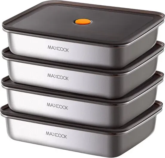 Maxcook 4 Stück 316L Edelstahl-Frischhaltedose mit Deckeln, Metall-Bento-Box, Snackbehälter-Set mit Deckel, spülmaschinen- und gefriergeeignet, rechteckig, 1600 ml x 4 Stück, MCFT9526, Neujahrssale, Top-Geschenkideen