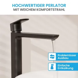 Bächlein Badarmatur Mizarela hoch in klassischem Design, Einhebelmischer für Aufsatzwaschbecken mit langlebiger Keramikkartusche und Montage-Set, Bad Wasserhahn Matt Schwarz - flacher Auslauf