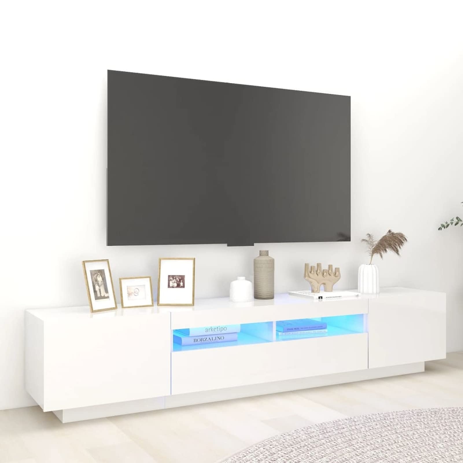 SECOLI Lowboard TV mit LED TV Schrank LED 200 cm TV Board Fernsehschrank TV-Schrank TV-Kommode TV Bank TV Möbel Sideboard für Wohnzimmer Schlafzimmer Hochglanz-Weiß