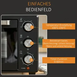 Homcom Minibackofen 21L einstellbare Temperatur Ofen 3 Kochmodi Schwarz+Silber