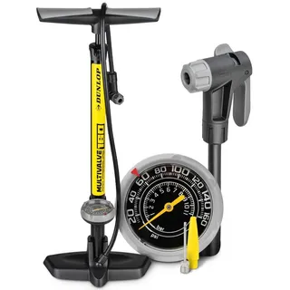 Dunlop Fahrradpumpe Luftpumpe Fahrrad alle Ventile -Premium Standpumpe Fahrrad aus Aluminium bis 11 bar für Schrader, Presto und französisches Ventil - Bike Pump mit Manometer und 2in1 Adapter Pumpe
