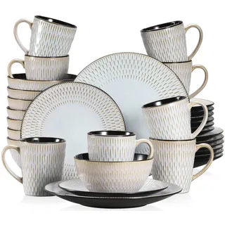 Kombiservice Steinzeug, vancasso PLUVO Tafelservice, 32-teiliges Ess Geschirrset mit je 8 Speisetellern, Kuchentellern, Schalen und Tassen für 8 Personen