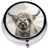 Lustige runde Pillendose mit Hochland-Kuh-Motiv, 5,1 x 5,1 x 1,8 cm, niedliche Mini-Reise-Medikamenten-Organizer-Box für Geldbörse, Tasche