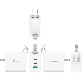 j5create 65-Watt-GaN-USB-C-Reiseladegerät mit 3 Anschlüssen, einschliesslich austauschbaren Netzsteck 65 W), USB Ladegerät, Weiss