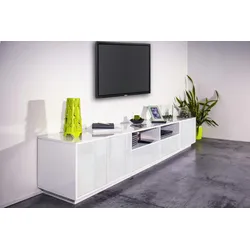 Dmora Fernsehschrank Orazio, Niedriges Sideboard für Wohnzimmer, Sockel für TV-Möbel, 100 % Made in Italy, cm 260x41h46, weiß glänzend