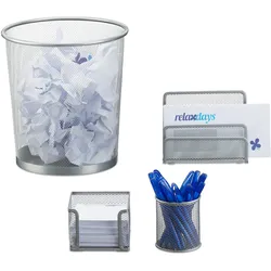 Relaxdays Schreibtisch Organizer 4er Set Metall, Schreibtisch-Set, Ablage, Zettelbox, Stifteköcher, Mülleimer, silber