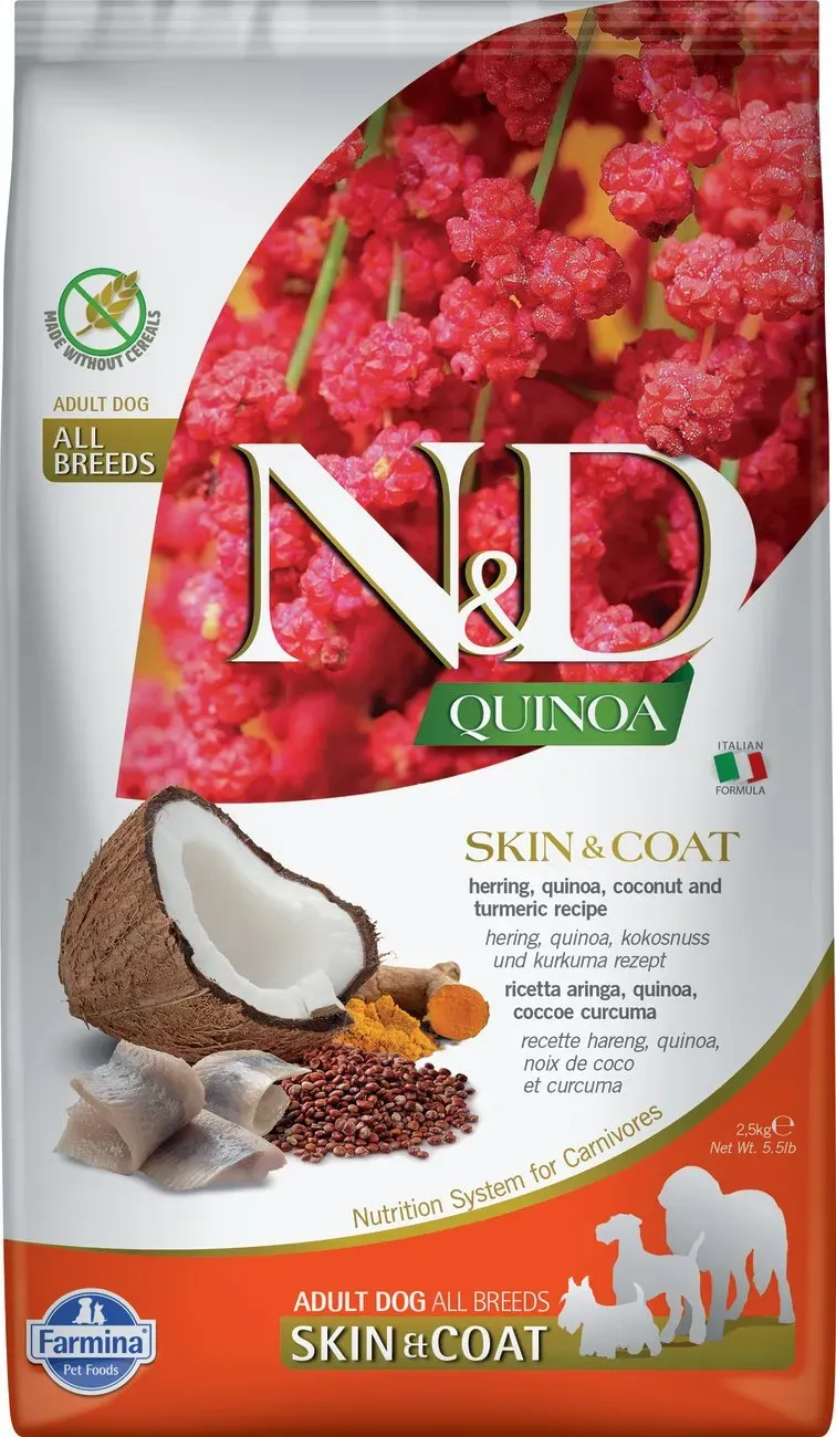 Farmina Quinoa-Fellergänzung (Hering, Quinoa, Kokosnuss und Kurkuma) Hundefutter für ausgewachsene Hunde 2,5 kg