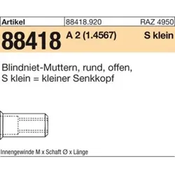 Blindniet-Muttern A2 Senkkopf klein M 4 / 0,25 - 3,0 S