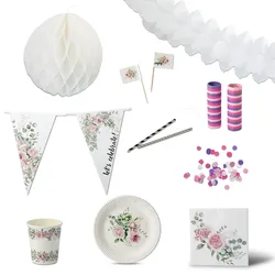 ECOFIESTA 168-teilig umweltfreundliches Partygeschirr und Deko-Set florales Motiv - Hochzeitsdeko, JGA Tischdeko, Polterabend und Geburtstagsfeiern