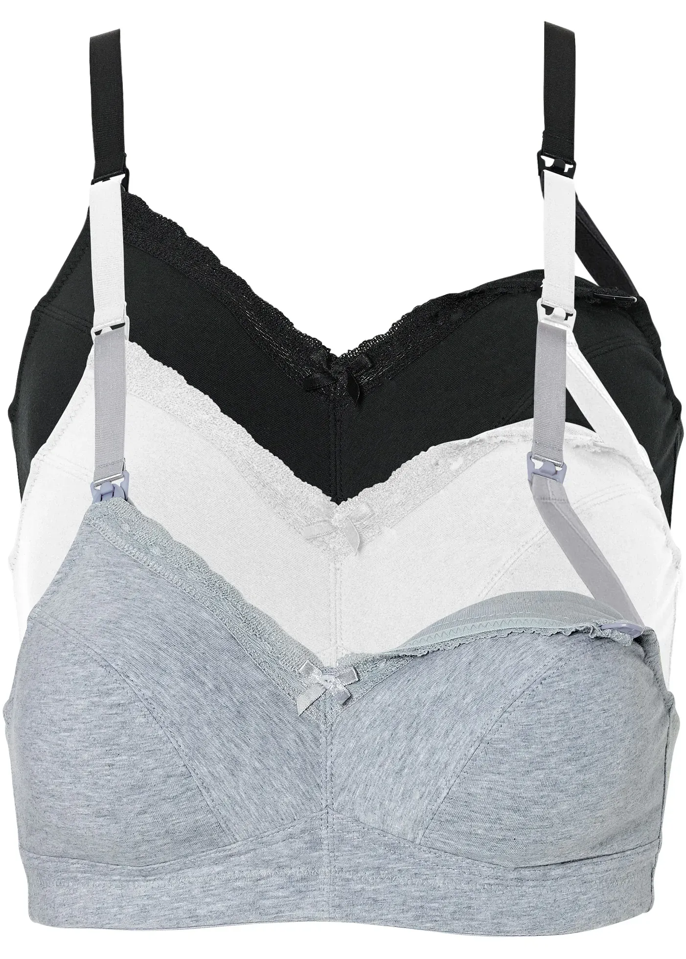 Still-BH BONPRIX, Damen, Gr. 75, Cup D, schwarz (schwarz, weiß, grau meliert), Obermaterial: 95% Baumwolle, 5% Elasthan. Futter: 100% Baumwolle. Spitze: 88% Polyamid, 12% Elasthan, BHs Still-BH, im praktischen 3er Pack, mit Clip-Verschlüssen, aus Baumwollqualität