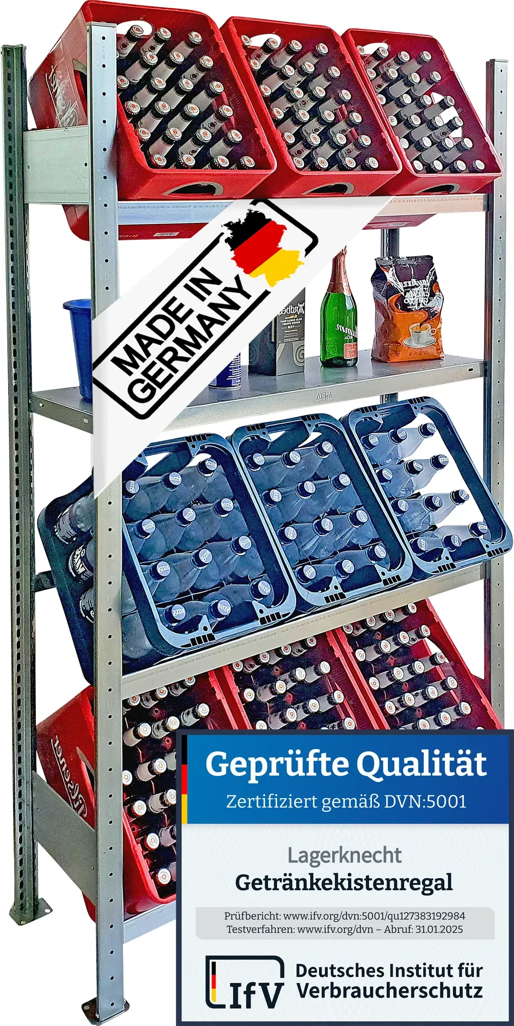 Getränkekistenregale 185×100 cm – 3 Ebenen, 1 FB, verzinkt [GR100GR-3-ZB-185]