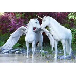 Fototapete PAPERMOON "EINHORN-PFERDE FANTASY TIERE PFERD WALD NATUR BÄUME XXL", bunt, B:4,00m L:2,60m, Vlies, Tapeten