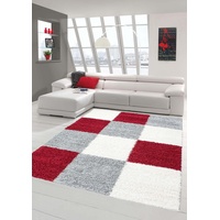 Shaggy Teppich Hochflor Langflor Teppich Wohnzimmer Teppich Gemustert in Karo Design Rot Grau Creme Größe 120x170 cm