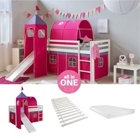 Hochbett Kinder 90x200 mit Matratze Kinderbett Rutsche Tunnel Pink Homestyle4u