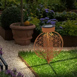 ETC Shop Solarkugel rost für Außen Solarleuchte rost Garten Solarlampe mit Erdspieß, Lichteffekt Muster Lebensblume, 1x LED warmweiß, DxH 20 x 31 cm
