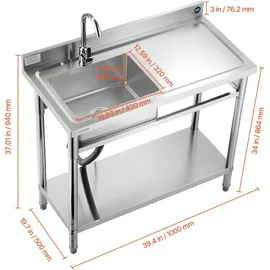 Vevor Spültisch Spülbecken Edelstahl (100 x 50 x 94 cm), Einzelbecken mit Wasserhahn & Ablage, Küchenspüle für Garage Restaurant Wäscherei, W...
