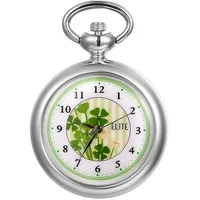 JewelryWe Taschenuhr Damen Herren Analog Quarz offenes Gesicht Grüne Blätter Uhr mit Halskette Kette Pocket Watch Silber
