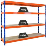 Proregal Schwerlastregal Metall 180x240x60cm Blau/Orange 4 Spanplatten-Ebenen 8mm Fachlast 450kg