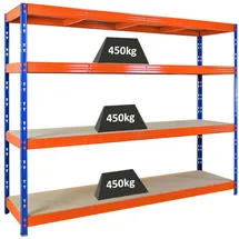 Proregal Schwerlastregal Metall 180x240x60cm Blau/Orange 4 Spanplatten-Ebenen 8mm Fachlast 450kg