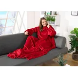 Wohndecke Kuscheldecke mit Ärmeln Super Soft Flanell Decke, heimtexland, Ärmeldecke mit 2 Taschen und Fußsack rot 150 cm x 180 cm