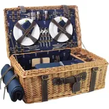 Les Jardins de la Comtesse - Picknick Wicker und Leder Champs-Elysees Blau - Picknickkorb Full / 4 Personen - Isolierfach - Feinporzellan und Weingläser - 57 x 37 x 23 cm