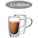 Cheffinger 2er Gläser Set Doppelwandige Gläser mit Henkel Teegläser Thermogläser 450 ml