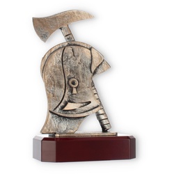 Pokal Zamakfigur Feuerwehrausrüstung altgold auf mahagonifarbenen Holzsockel 20,5cm