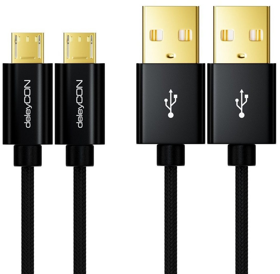 deleyCON deleyCON Micro USB Kabel Set 2x 1m Nylon + Metallstecker - Schwarz Smartphone-Kabel