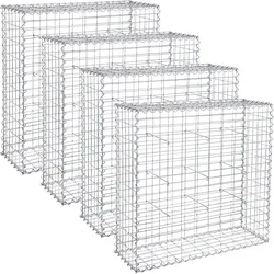 4mm starke Metall Gabione 4er Set 100 x 95 x 30 cm, Steinkorb, Maschenweite 5x10 cm Verzink, robust, korrosionsbeständig, Steinmauer, silbern