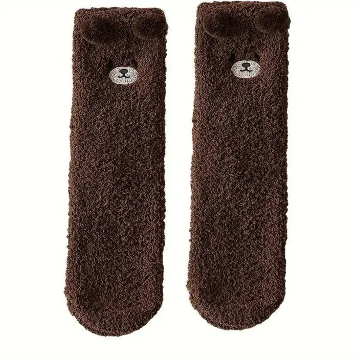 SHOP-STORY - TSOCKS MARRON : Paire de Chaussettes Cocooning Ourson en Peluche : Douceur à vos pieds - Taille Unique - Marron