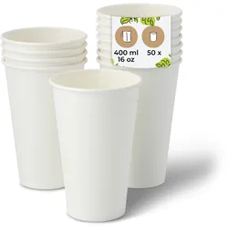 BIOZOYG 50 Stück kompostierbare Einwegbecher 400ml / 16oz Pappbecher, Trinkbecher, Wegwerfbecher, Getränkebecher, einwandig, weiß, kompostierbar