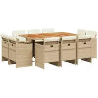 VidaXL 11-tlg. Garten-Essgruppe mit Kissen Beige Poly Rattan
