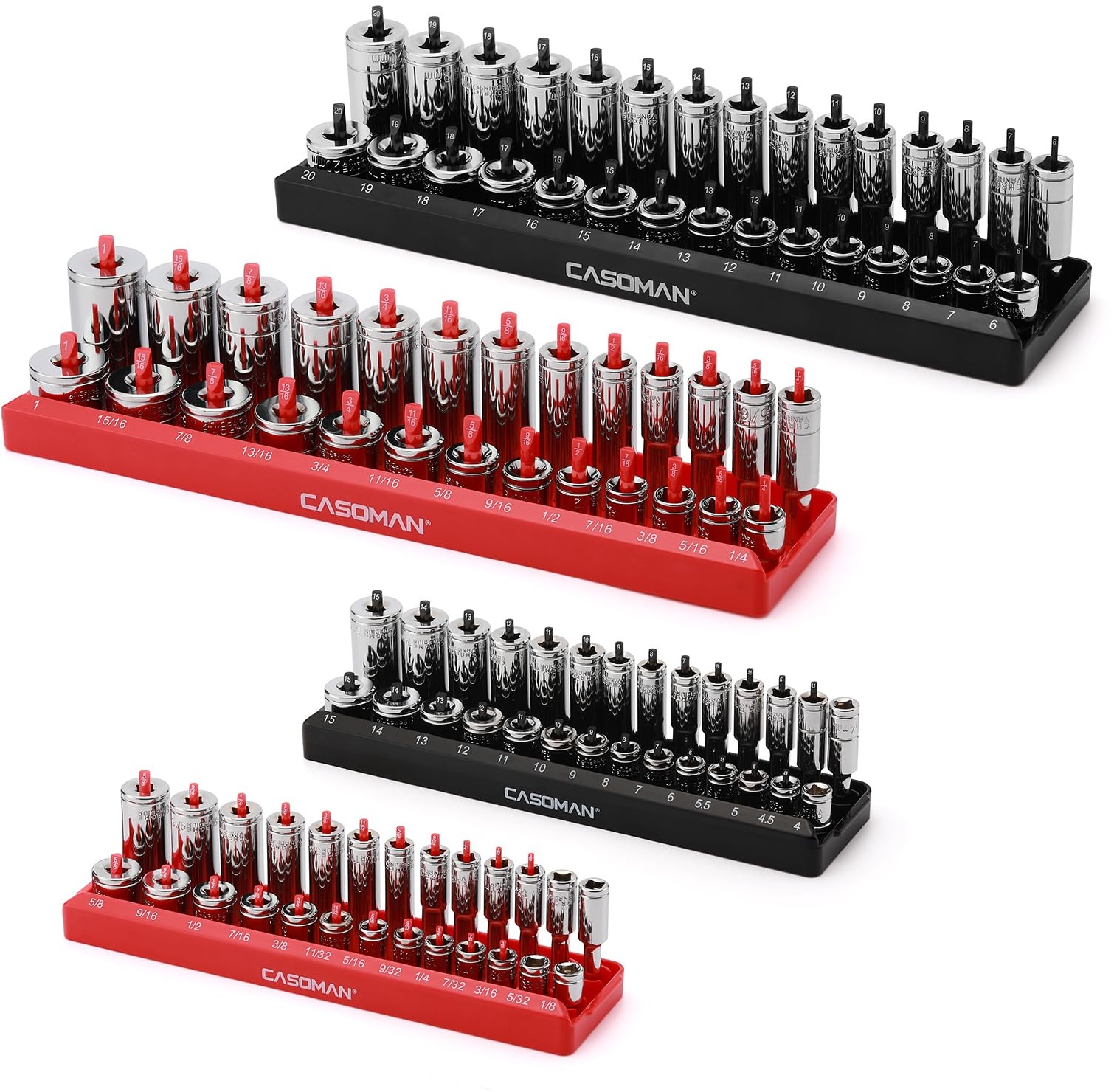 CASOMAN 4PCS Socket Tray Set, Black & Red, 3/8" & 1/4"Drive, Deep and Shallow Socket Holders and Socket Organizer Tray for Toolbox, Holds 52 SAE & 58 Metric Sockets
