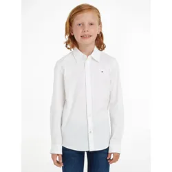 Langarmhemd TOMMY HILFIGER "SOLID STRETCH POPLIN SHIRT L/S", Jungen, Gr. 8/128, N-Gr, weiß, Web, Obermaterial: 97% Baumwolle, 3% Elasthan, klassisch, Basic schmal, Langarm 1-Knopf-Manschette, Hemden Festliche Hemden, für Jungen