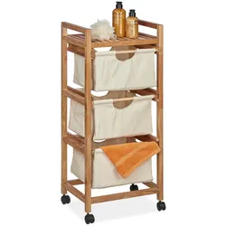 Relaxdays Badregal mit Wäschekorb, 1 offene Ablage & 3 Stoffkörbe, HBT: 96x43,5x33,5 cm, Standregal Walnuss, natur/beige