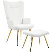 Homcom Ohrensessel mit Hocker, Sessel mit Sherpa-Bezug, Hohe Rückenlehne, Loungesessel mit Armlehne, Stahlbeine für Wohnzimmer, Schlafzimmer, Weiß