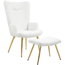 Homcom Ohrensessel mit Hocker, Sessel mit Sherpa-Bezug, Hohe Rückenlehne, Loungesessel mit Armlehne, Stahlbeine für Wohnzimmer, Schlafzimmer, Weiß