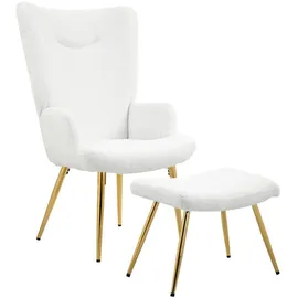 Homcom Ohrensessel mit Hocker, Sessel mit Sherpa-Bezug, Hohe Rückenlehne, Loungesessel mit Armlehne, Stahlbeine für Wohnzimmer, Schlafzimmer, Weiß