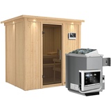 Woodfeeling Karibu Sauna Bodin mit Fronteinstieg 68 mm-9 kW Ofen inkl. Steuergerät-inkl. Dachkranz-Ganzglastür in Graphit-Optik inkl. 8-teiligem gratis Zubehörpaket (Gesamtwert 191,92€)