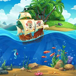 Fototapete PAPERMOON "PIRATENSCHIFFE-PALMEN FISCHE MEER ABSTRAKT DESIGN DEKO", bunt, B:3,50m L:2,60m, Vlies, Tapeten