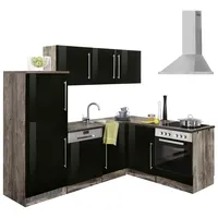 kochstation Winkelküche L-Form 230 x 170 cm schwarz hochglanz