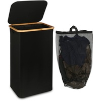 efluky Wäschekorb mit Deckel, 100 Liter hoher Wäschebox mit Bambus Henkel und Innentasche, faltbarer groß XXL Waschekorbsammler, Laundry Baskets für Schlafzimmer Badezimmer, schwarz